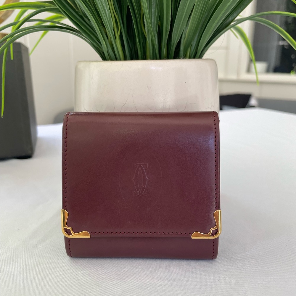 Cartier Must Line Coin Case Wallet Purse Logo Bordeaux Leather